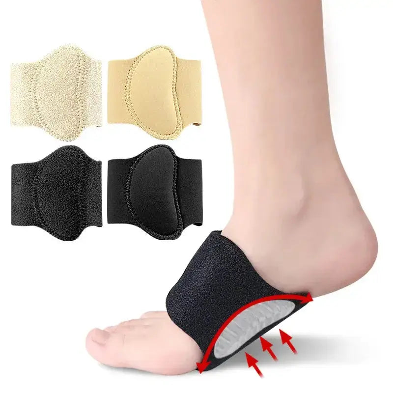 Arch support pads in black, beige, and yellow, providing cushioning and relief for flat feet and plantar fasciitis.