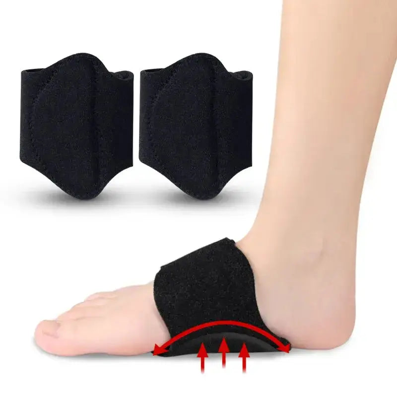 Pair of black arch support pads for flat foot correction and plantar fasciitis pain relief.