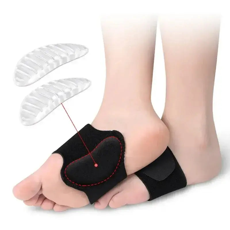 Arch support foot pads for flat foot correction and plantar fasciitis pain relief, featuring cushioning and flexible design.