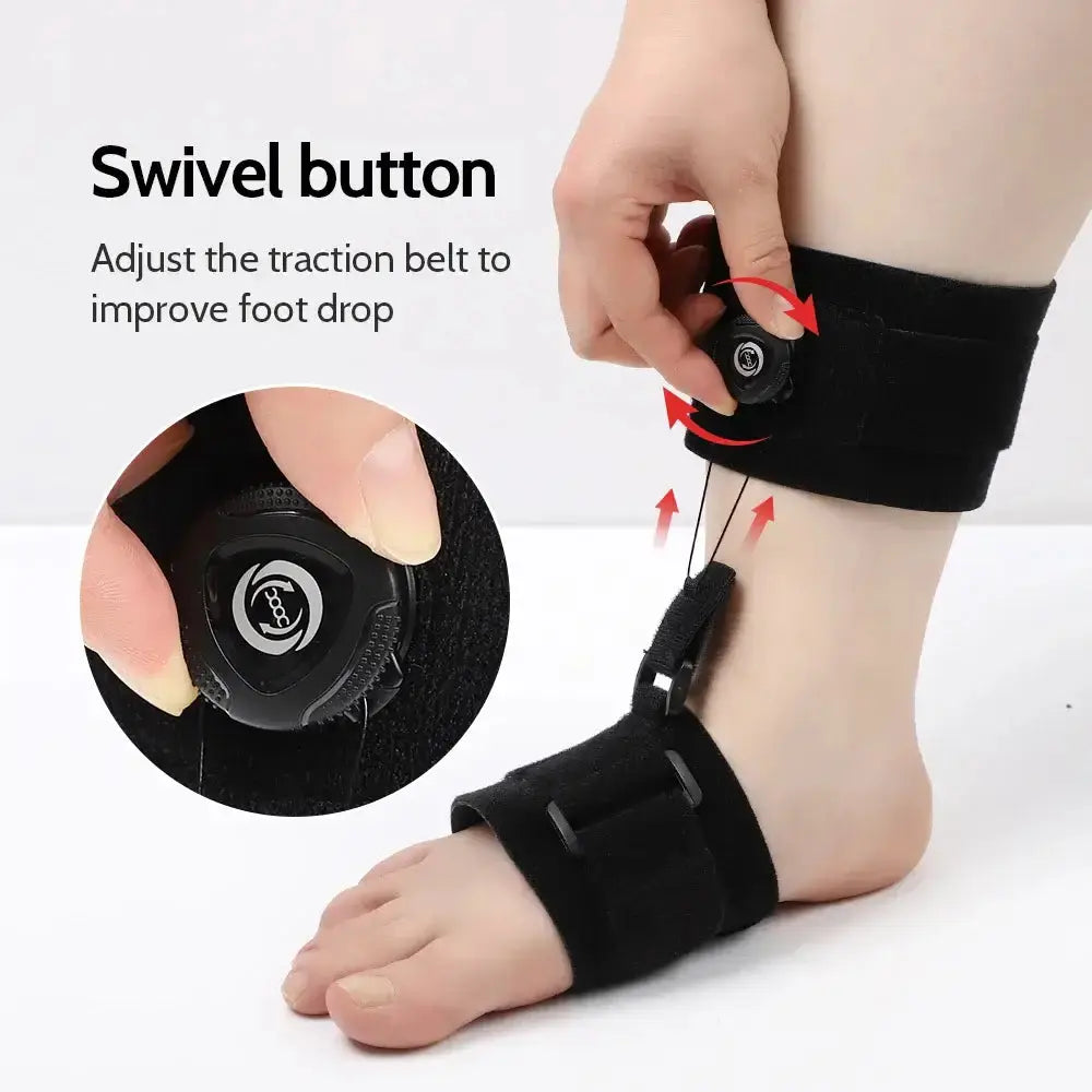 Close-up of adjustable swivel button on foot orthotic brace for improving foot drop.