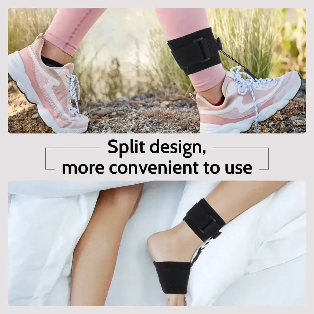 Plantar fasciitis dorsal splint in use: adjustable support for day and night comfort, featuring a split design for convenience.