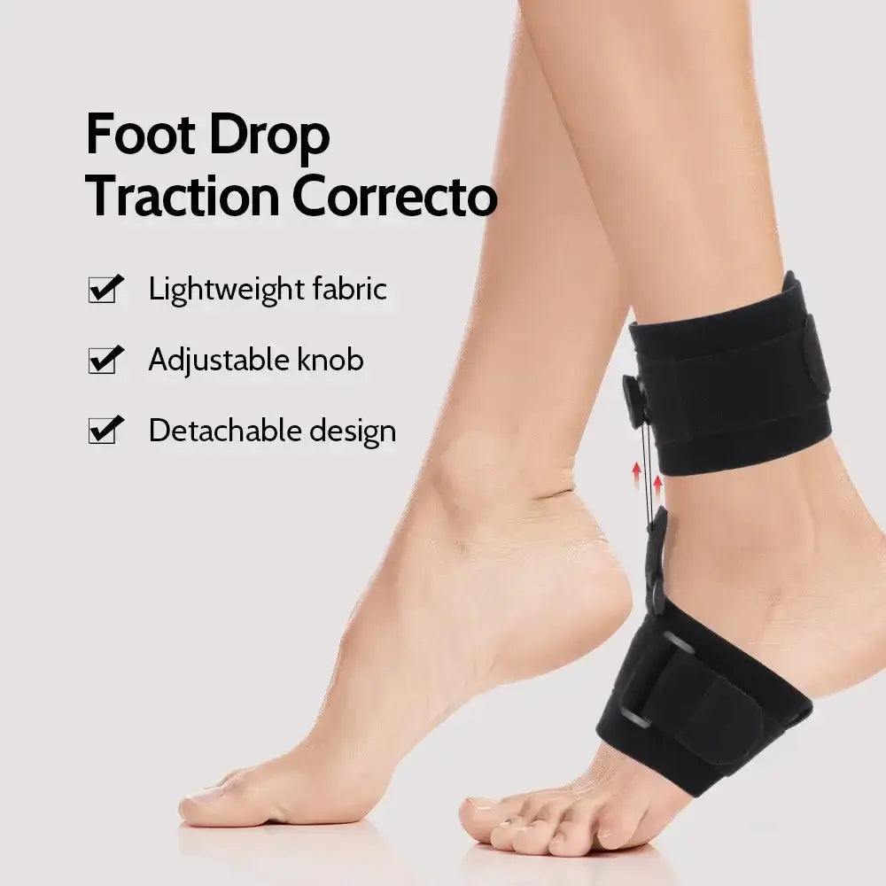 Adjustable foot drop traction corrector with detachable design and lightweight fabric for comfort and support.