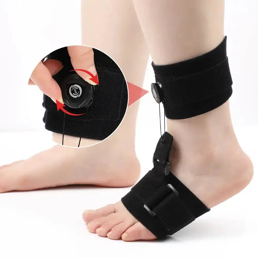 Plantar fasciitis dorsal splint shown on foot with adjustable swivel button for customized support.