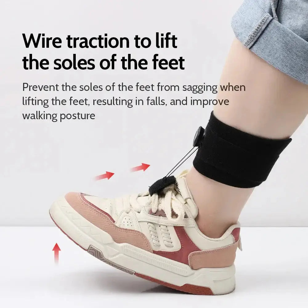 Adjustable foot traction device lifting soles to improve walking posture and prevent foot sagging while wearing athletic shoes.
