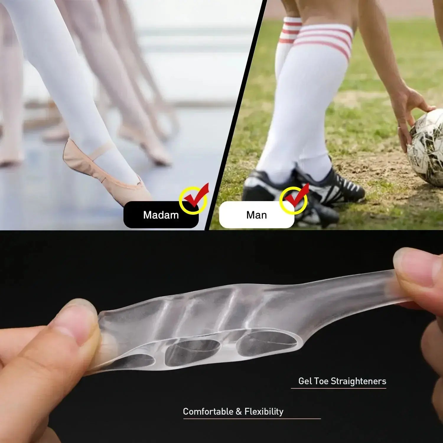 Split image showing silicone gel toe straighteners in use by a ballet dancer and a man playing soccer.