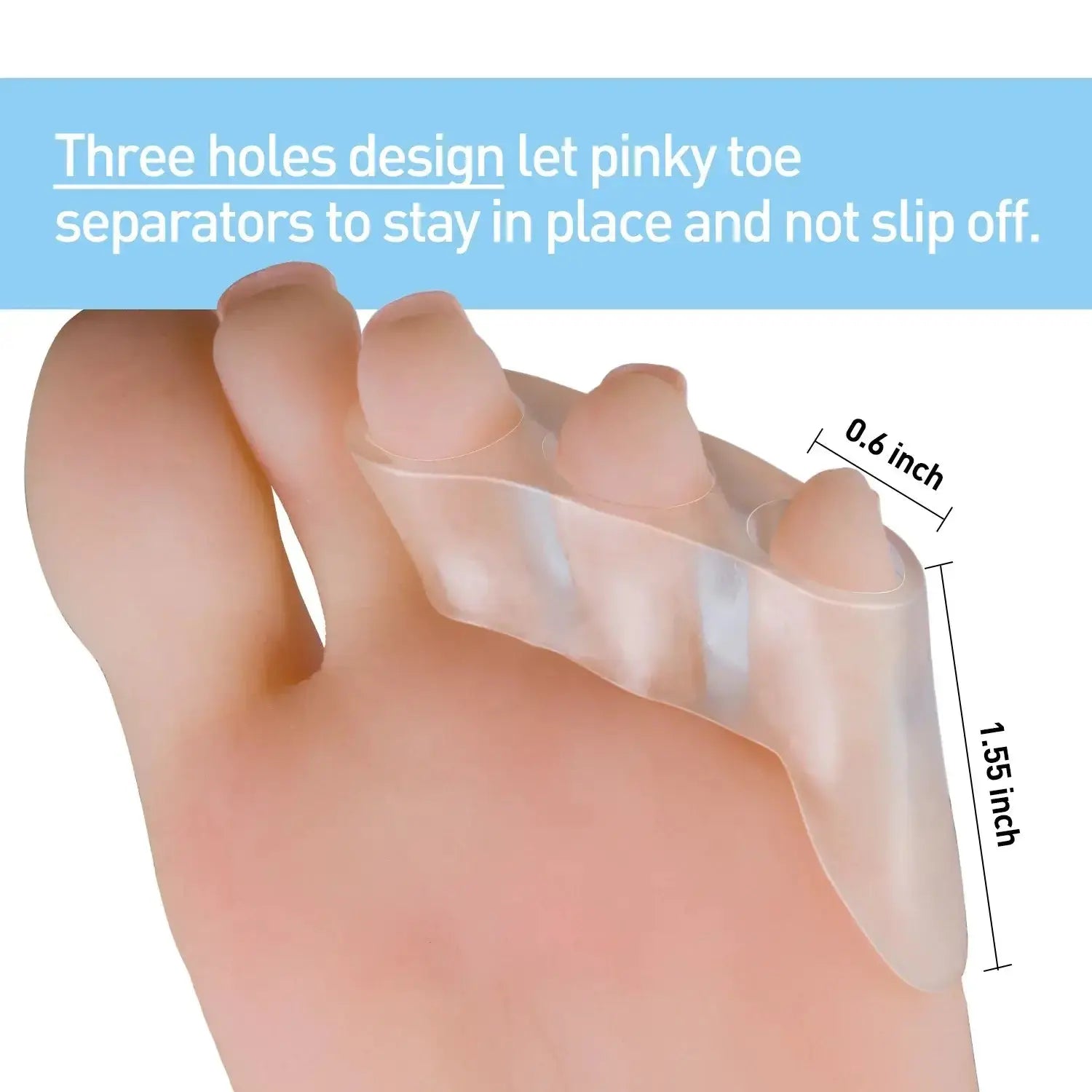 Transparent silicone gel toe separator with three-hole design for pain relief and foot care.