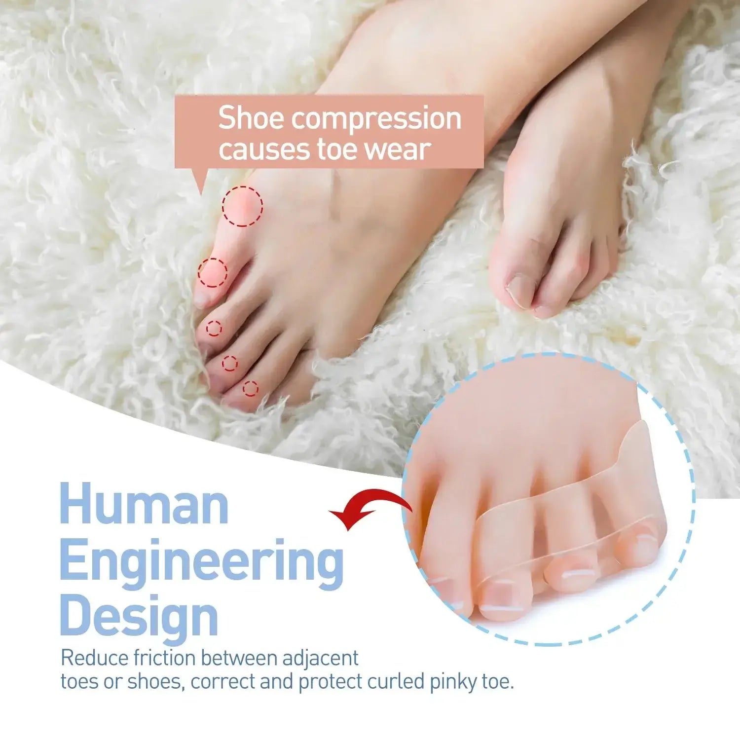 Foot with silicone gel toe protector highlighting comfort and injury prevention for little toe.