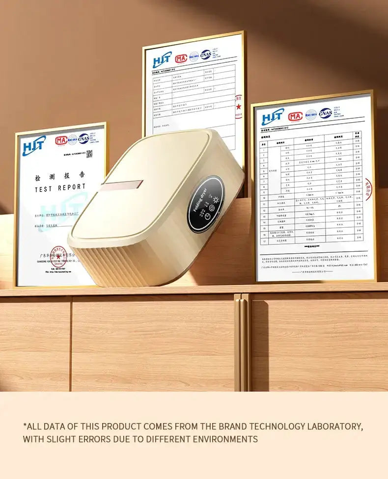 Electric clothes dryer with test reports displayed on a wooden cabinet.