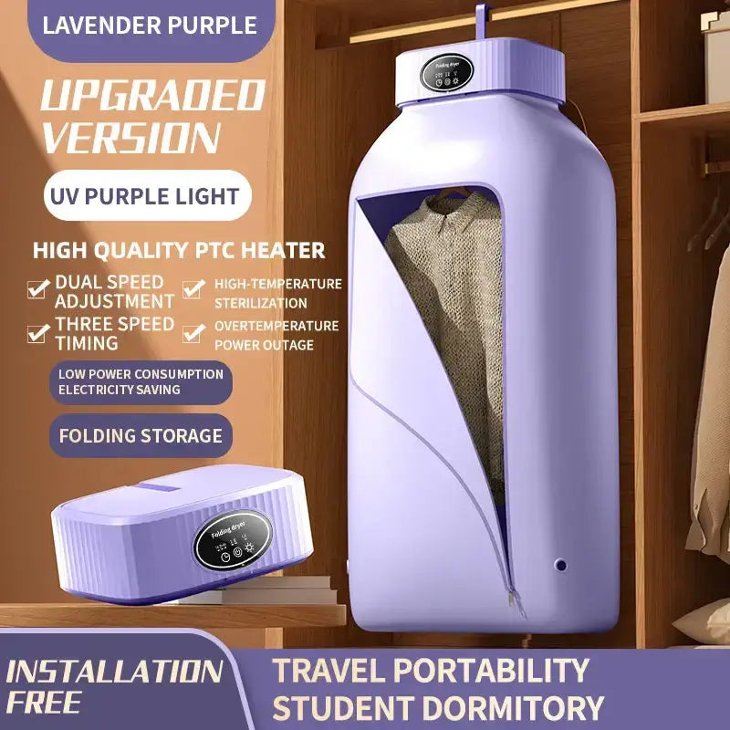 Lavender electric clothes dryer with UV light, high-quality PTC heater, and folding storage for travel and student dorms.