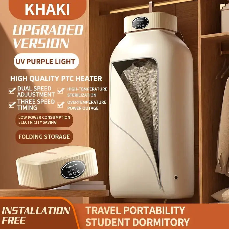 Khaki upgraded portable dryer with UV purple light, high-quality PTC heater, and folding storage for student dormitory use.