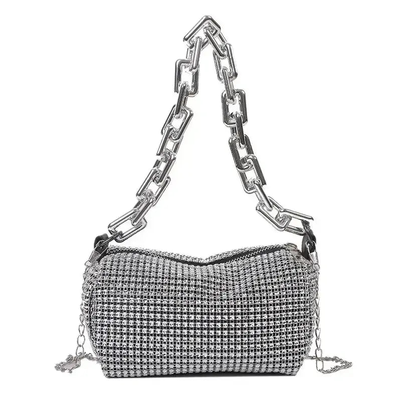 Allover rhinestone bucket bag with glitter chain, perfect for women&