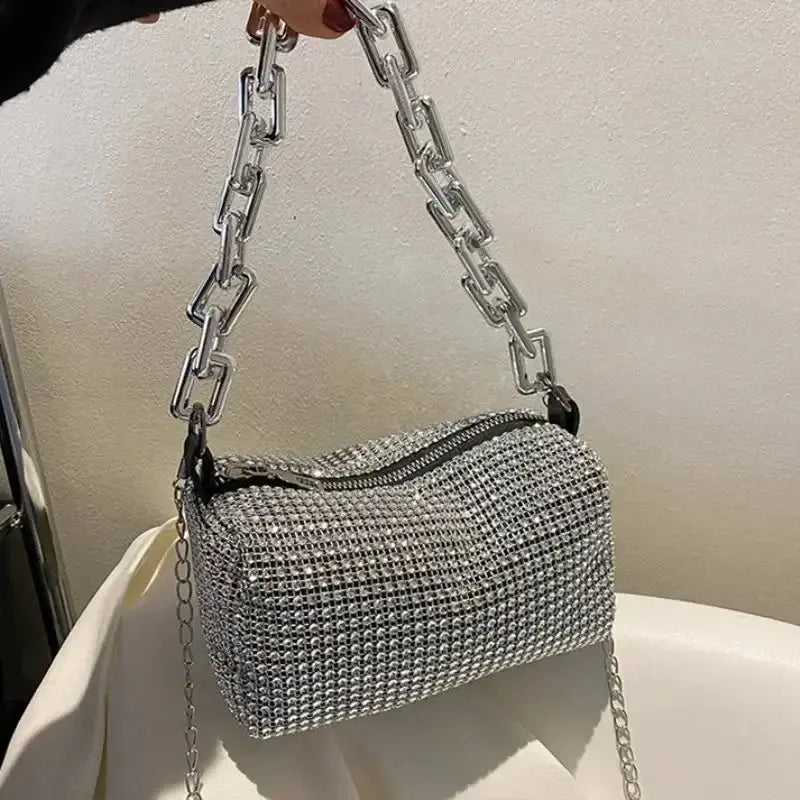 Allover rhinestone bucket bag with chain strap, perfect for prom or a versatile mini crossbody purse for women.