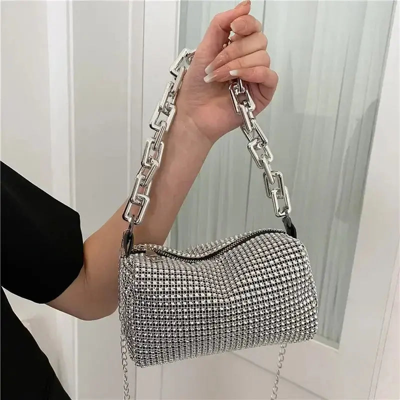 Mini crossbody bag with silver rhinestones and glitter chain, perfect for prom or versatile occasions.