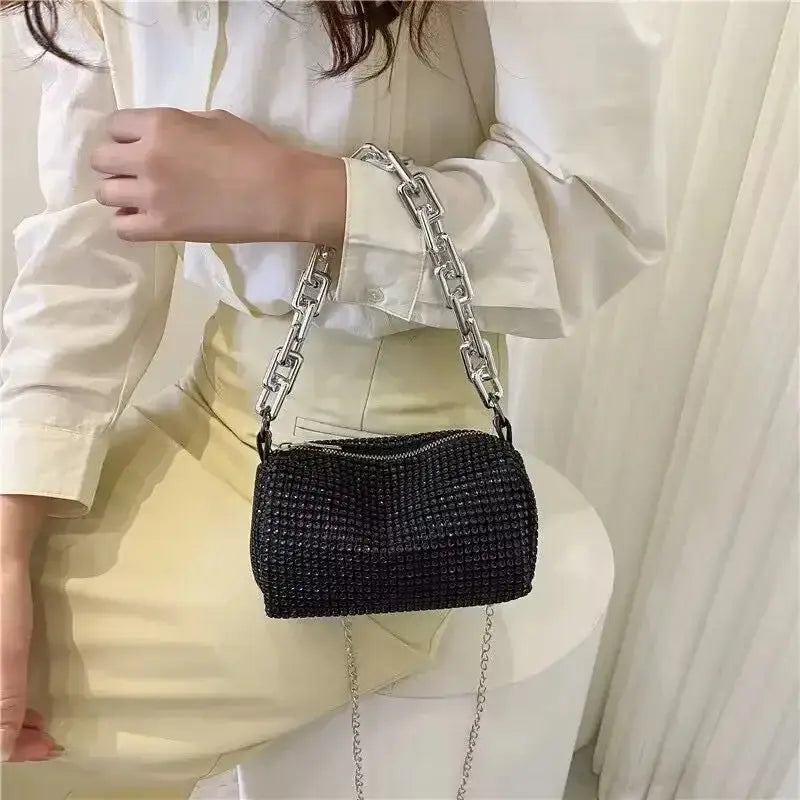 Stylish allover rhinestone bucket bag with glitter chain, perfect for women&