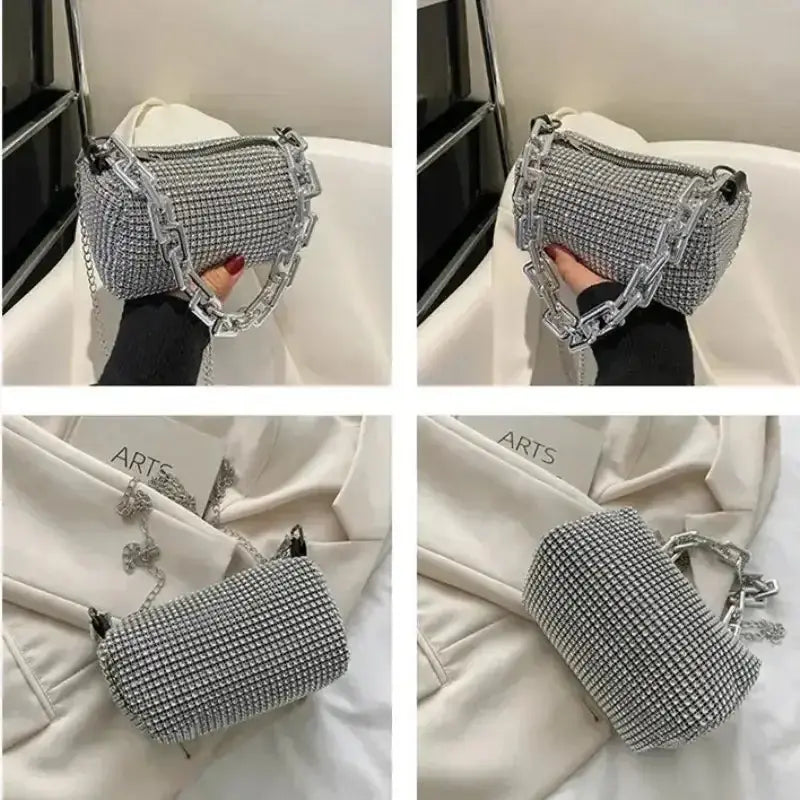 Allover rhinestone bucket bag with glitter chain; mini crossbody purse for women, stylish and versatile accessory.