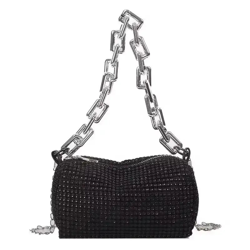 Allover rhinestone bucket bag with glitter chain, stylish women&