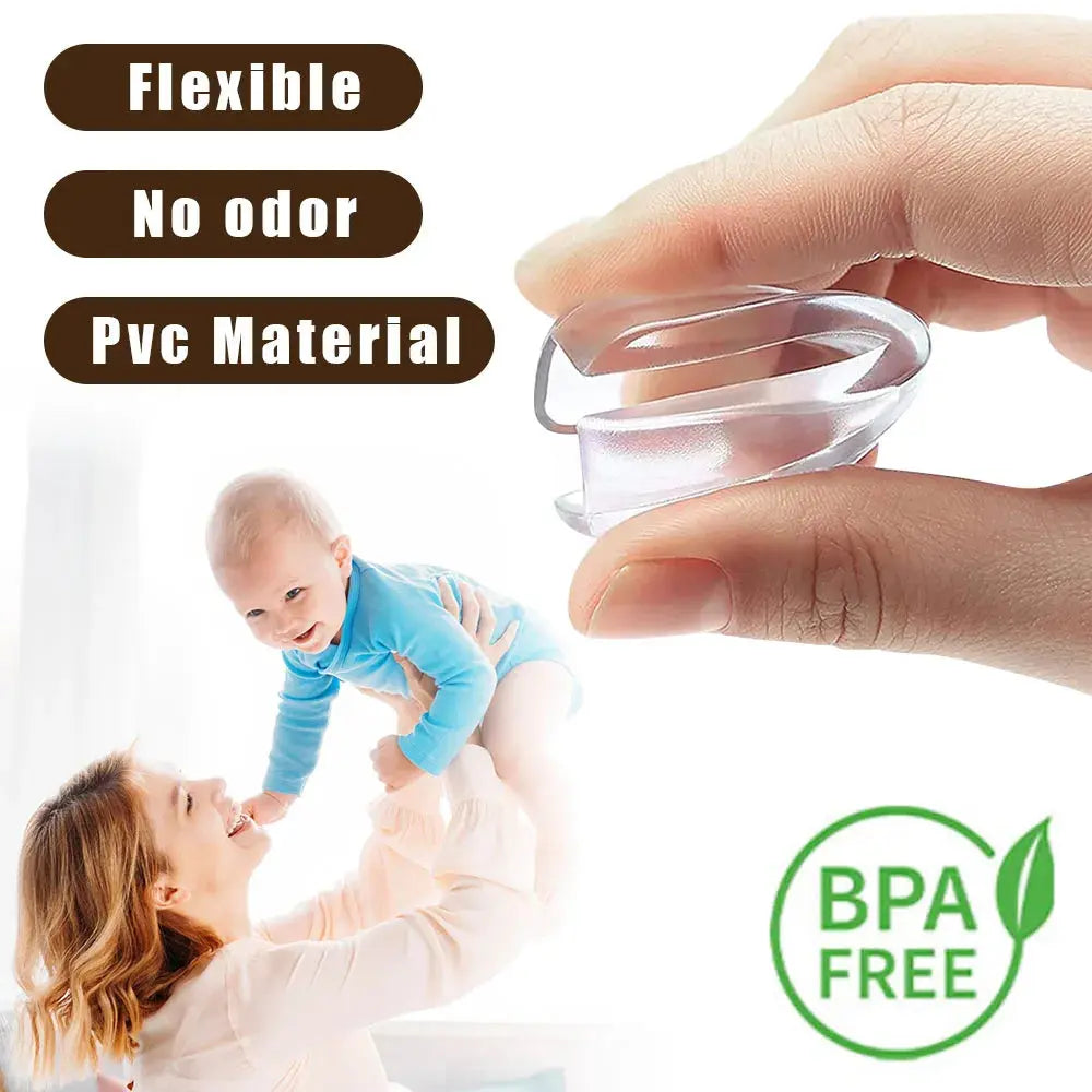 Transparent silicone baby safety corner guards on a wooden table to prevent child injury.
