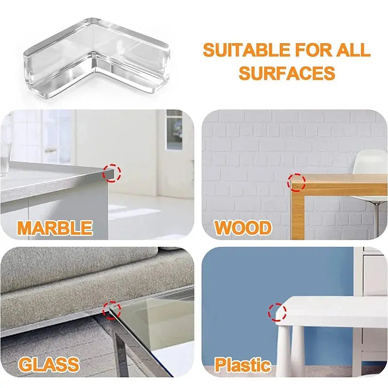 Transparent silicone baby safety corner guards on a wooden table to prevent child injury.
