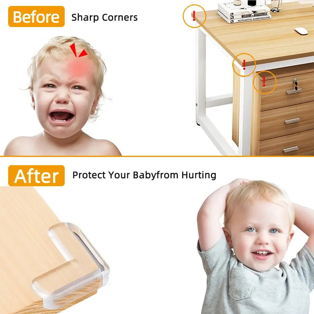 Transparent silicone baby safety corner guards on a wooden table to prevent child injury.