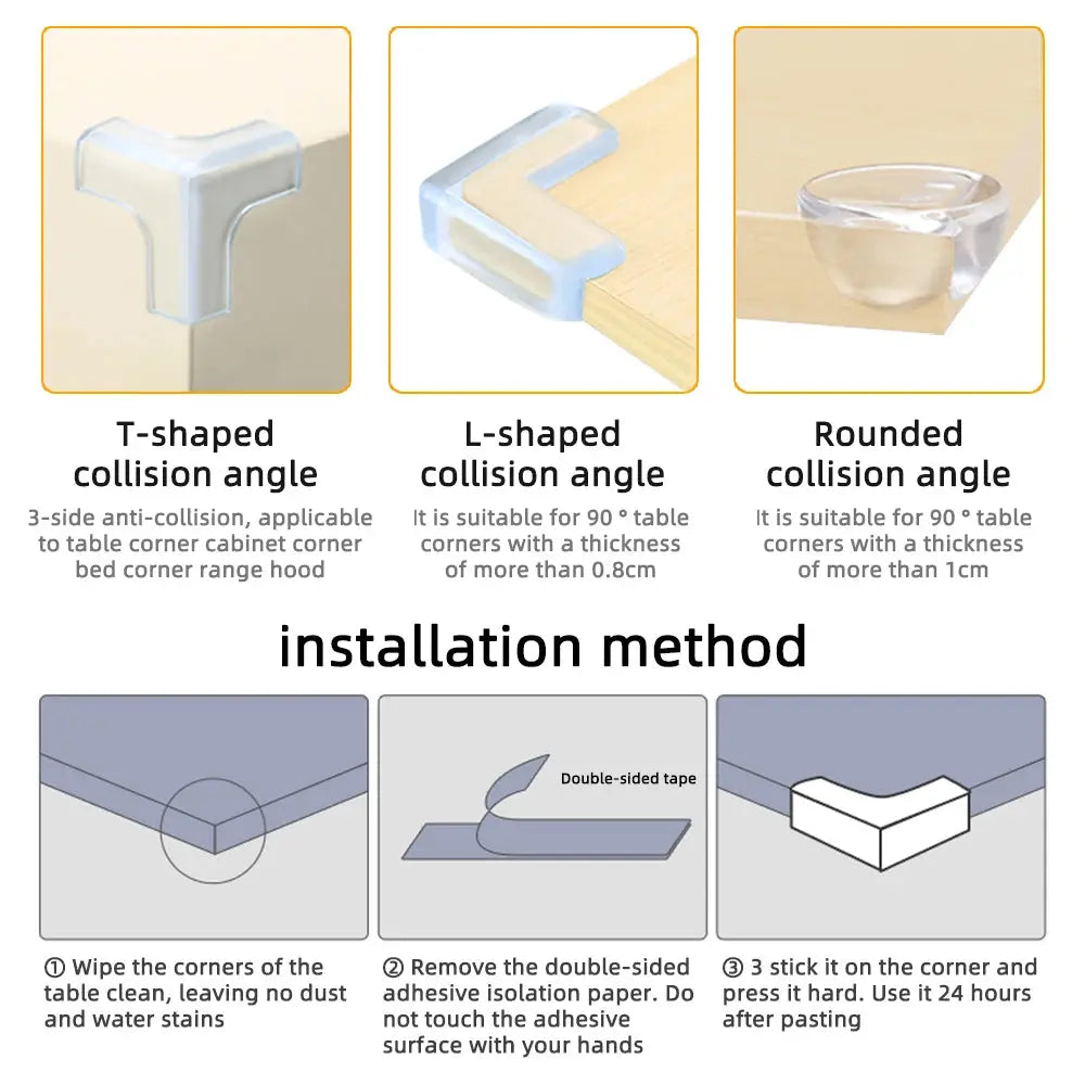 Transparent silicone baby safety corner guards on a wooden table to prevent child injury.