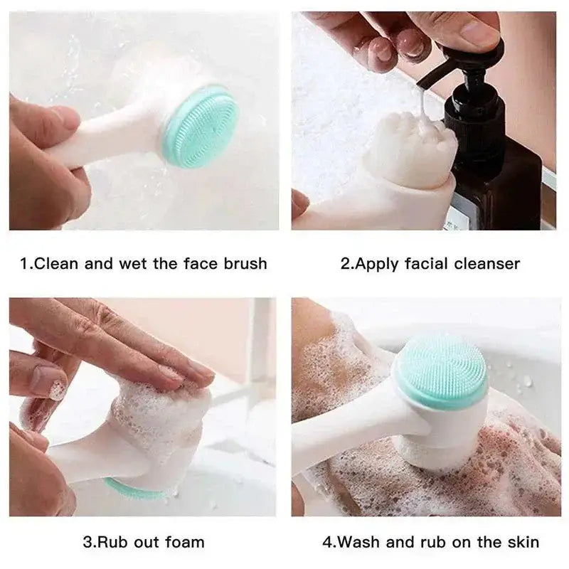 Instructional steps for using a silicone 3D facial cleansing brush, including cleaning, applying cleanser, and washing.