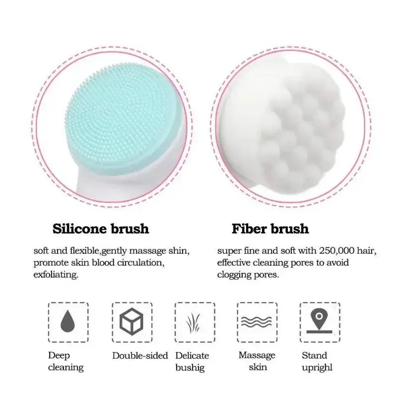 Silicone and fiber facial cleaning brushes, showcasing double-sided functionality for effective skin cleansing and massage.