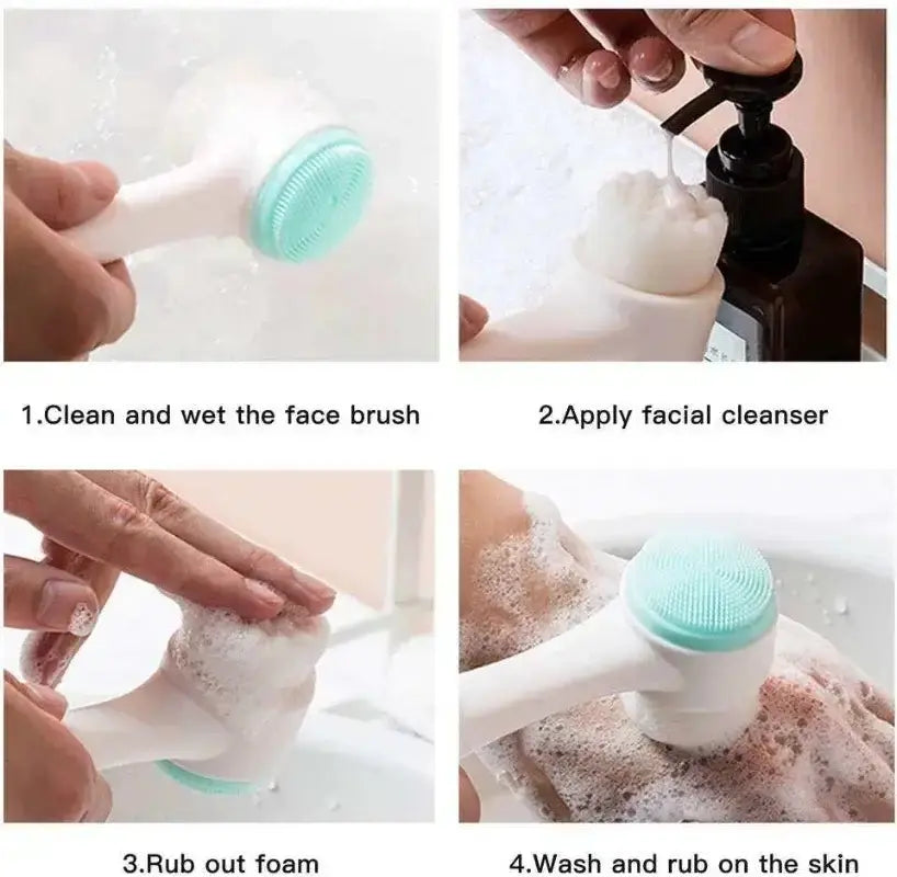Éléments de nettoyage avec une brosse faciale en silicone pour une routine de soins de la peau efficace.