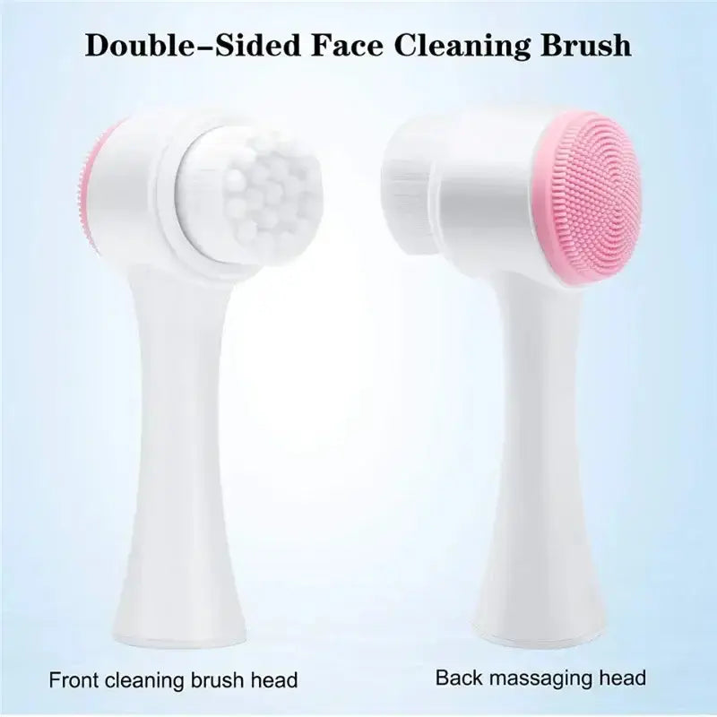 Double-sided silicone face cleaning brush with front cleansing and back massaging heads for effective skincare.