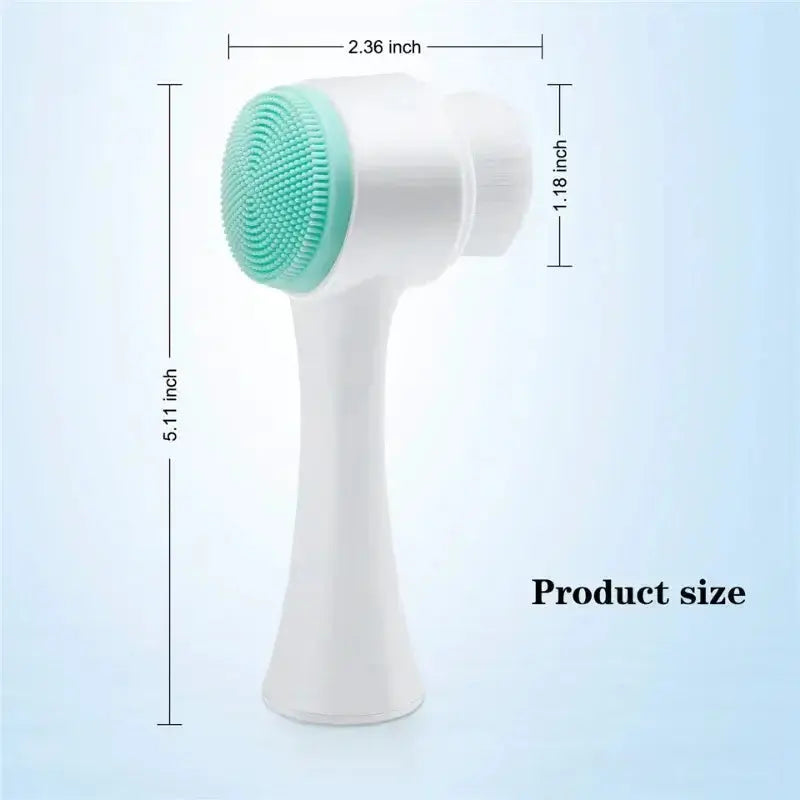 Brosse nettoyante pour le visage en silicone 3D avec dimensions, couleur verte et blanche sur fond bleu.