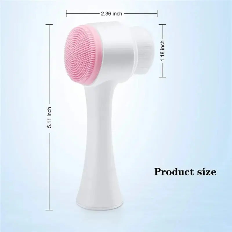 Brosse nettoyante visage en silicone 3D, taille indiquée, design ergonomique, rechargeable, nettoyage efficace.