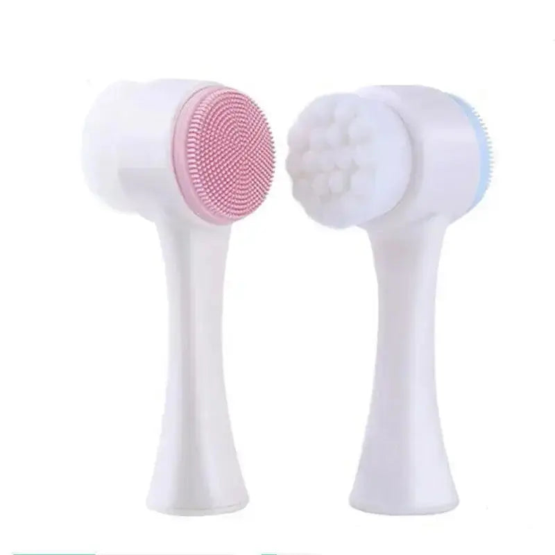 Brosse nettoyante pour le visage en silicone double 3D avec faces rose et bleue pour un nettoyage efficace.