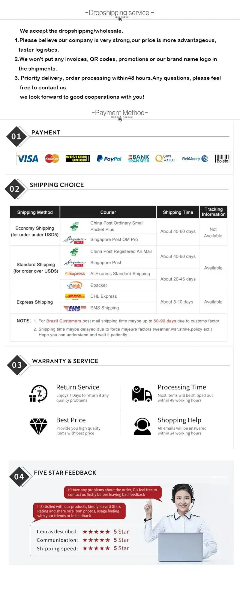 Payment and shipping options for dropshipping services, including warranty and customer feedback.