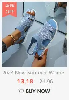 2023 new summer women blue sandals with rhinestones, 40% off, casual stylish design for warm weather.
