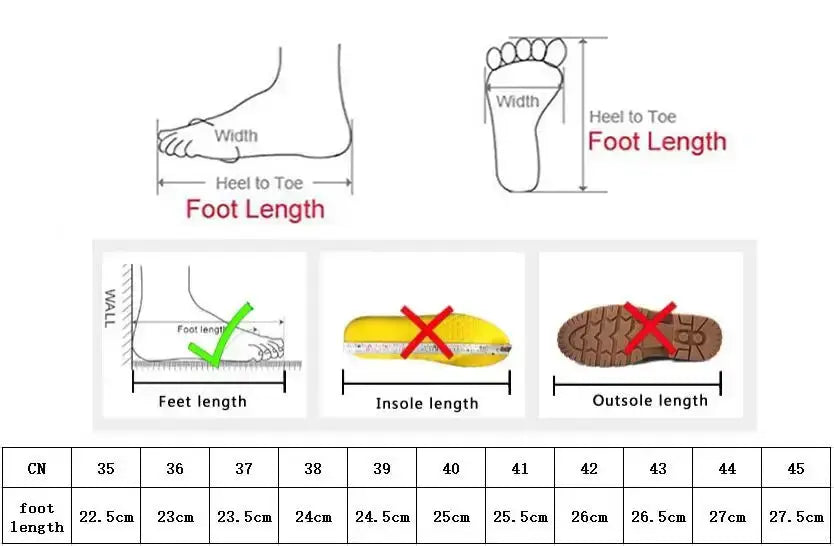Shoe size measurement chart showing foot length, width, and insole comparison for accurate fitting.