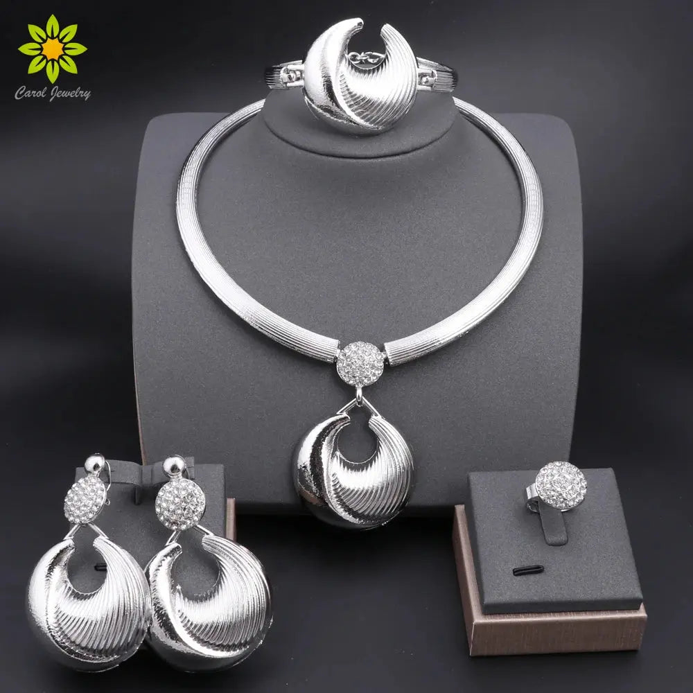 Dubai Jewelry Set For Women Silver Plated Luxury Necklace Earrings Bracelet And Ring Set Jewelry For Wedding Party Trending Bantout.prod