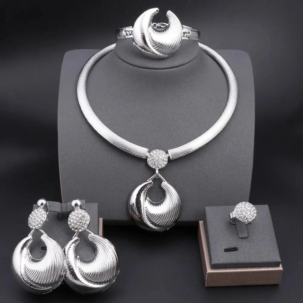 Dubai Jewelry Set For Women Silver Plated Luxury Necklace Earrings Bracelet And Ring Set Jewelry For Wedding Party Trending Bantout.prod
