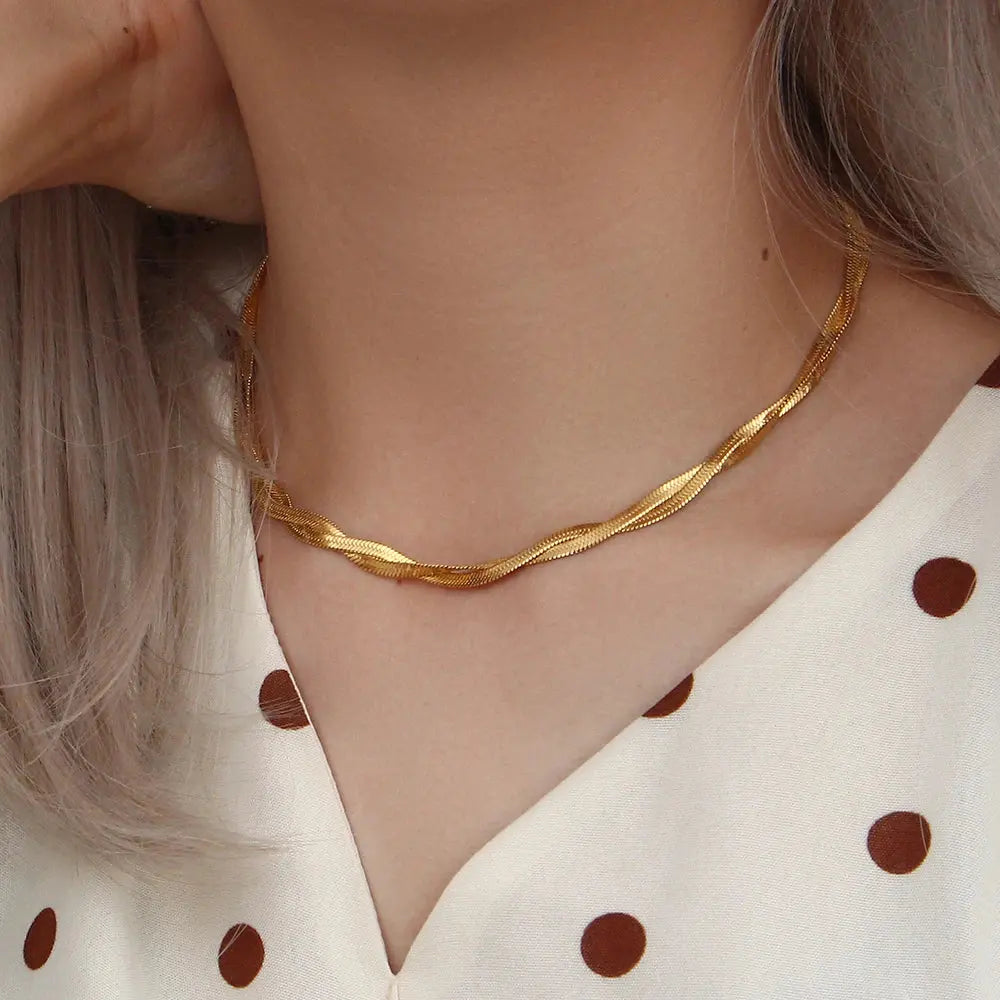 E.B.belle Gold Plated Braided New Herringbone Chain Necklace Bracelets Set Wholesale Stainless Steel Jewelry For Women Bantout.prod