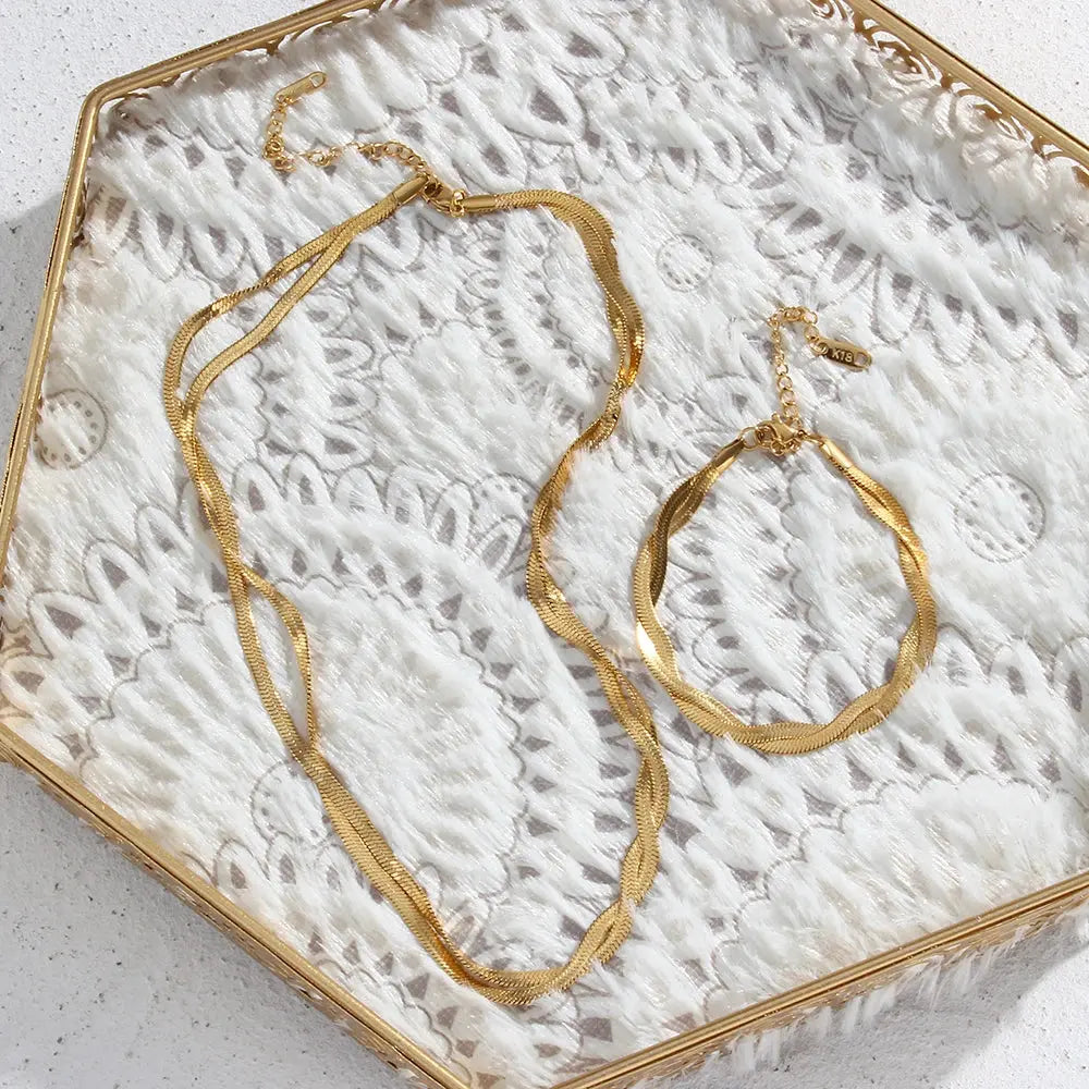 E.B.belle Gold Plated Braided New Herringbone Chain Necklace Bracelets Set Wholesale Stainless Steel Jewelry For Women Bantout.prod