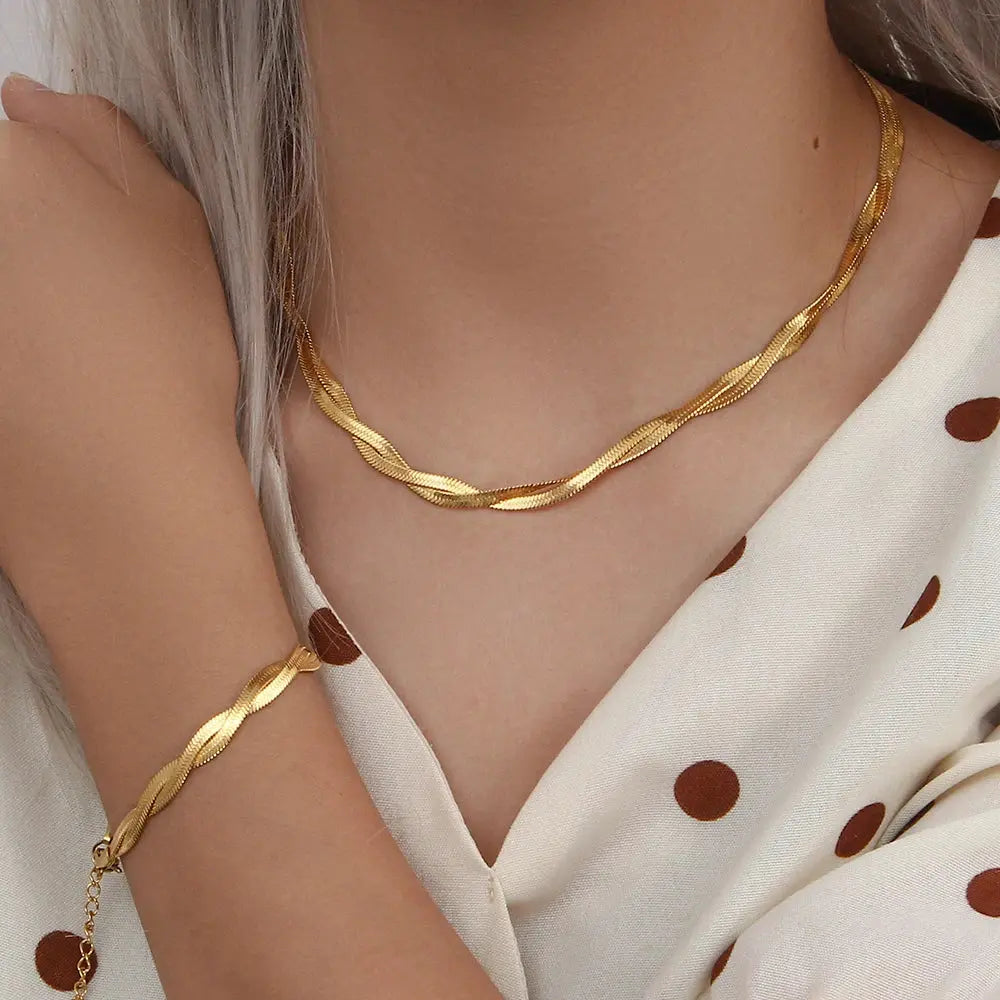 E.B.belle Gold Plated Braided New Herringbone Chain Necklace Bracelets Set Wholesale Stainless Steel Jewelry For Women Bantout.prod