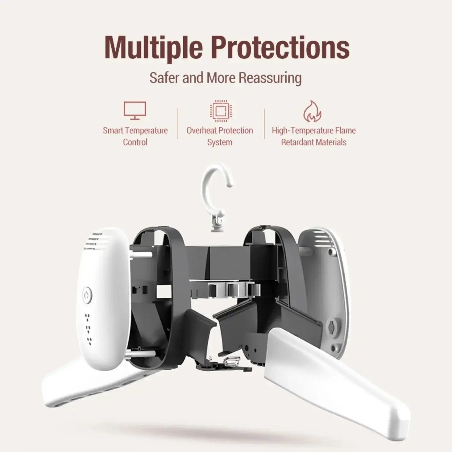 Smart portable clothes dryer showcasing multiple safety features like temperature control and flame retardant materials.