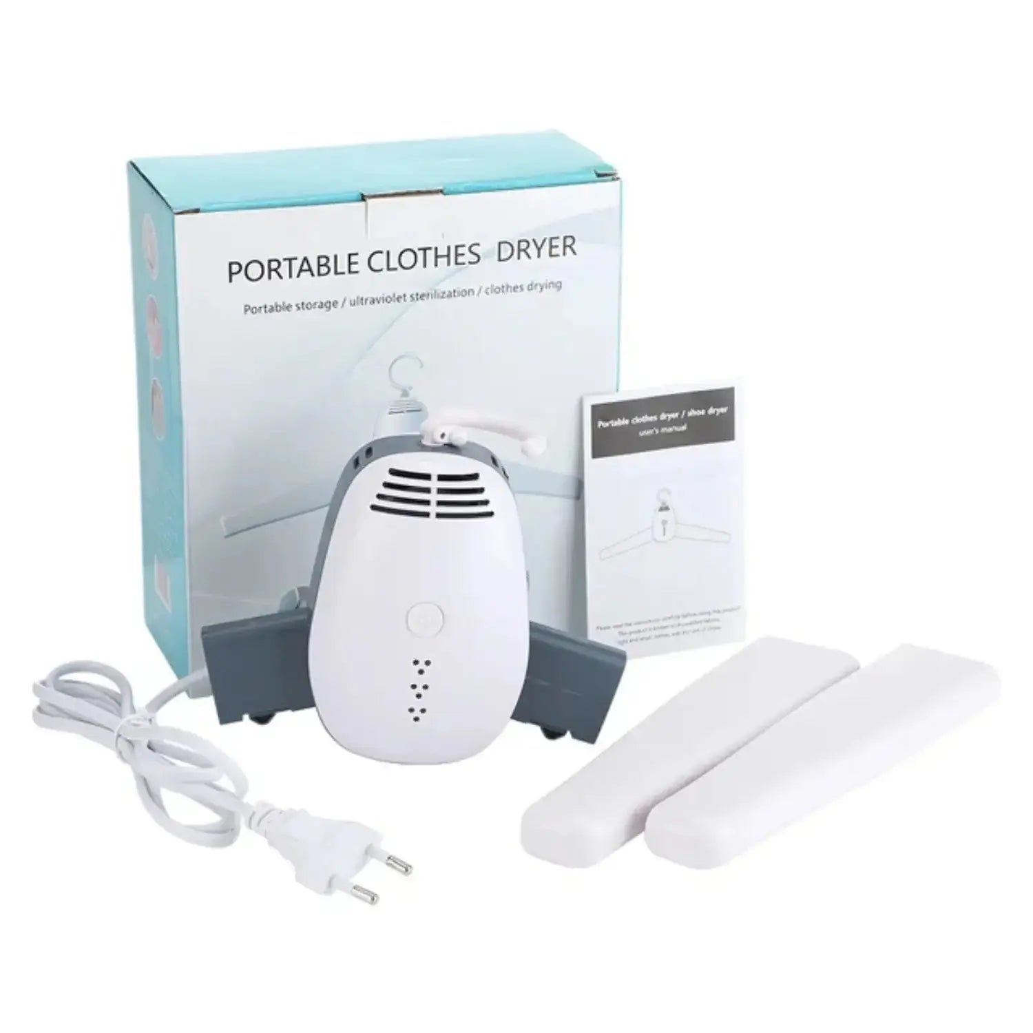 Efficient portable clothes dryer with user manual and drying hangers, ideal for quick and compact laundry solutions.
