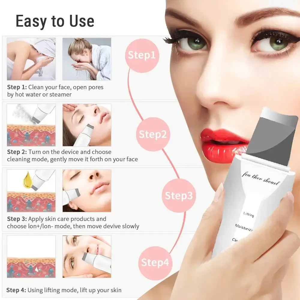 Step-by-step guide for using the Voguish electric skin scrubber for facial cleansing and skin lifting.