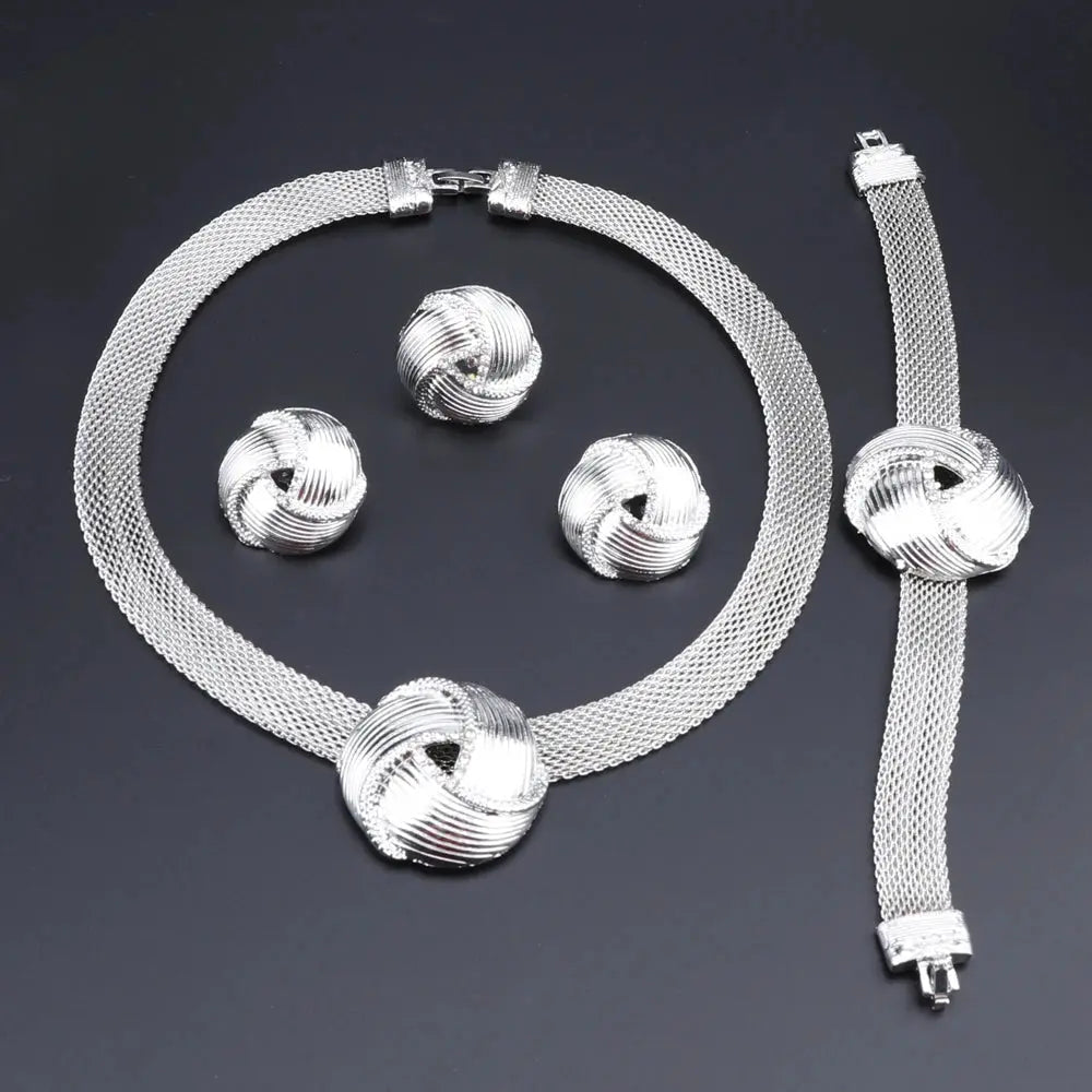 Exquisite Dubai Silver Color Necklace Earrings Set Wedding Accessories Jewelry Set African Women Costume Jewelry Set Bantout.prod
