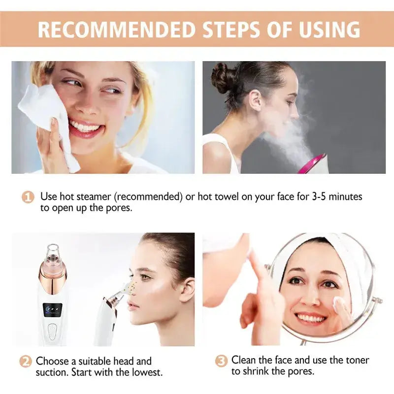 Image showing recommended steps for using a facial blackhead remover, including steaming and cleaning techniques.