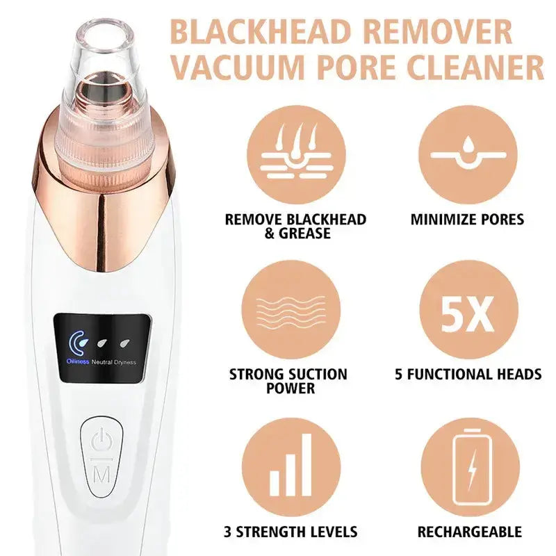 Extracteur de points noirs: aspirateur rechargeable, 5 têtes fonctionnelles, 3 niveaux de puissance pour nettoyer la peau.