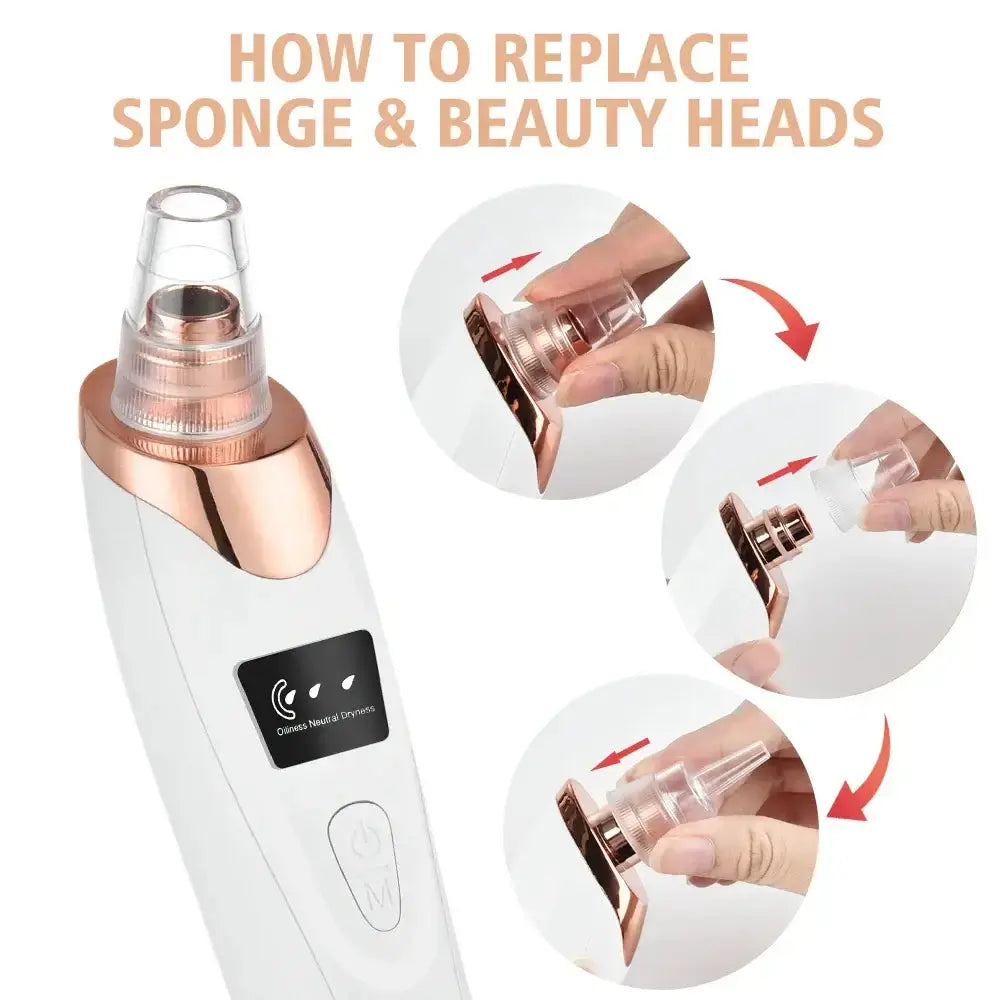 Instructions for replacing sponge and beauty heads on the USB rechargeable blackhead extractor.