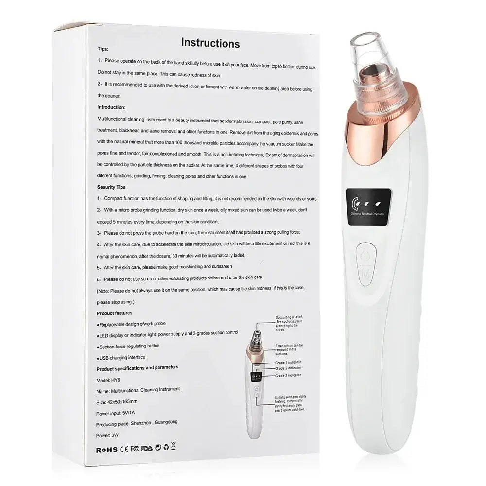 Extracteur de points noirs DearBeauty avec instructions, aspirateur rechargeable pour nettoyage du visage et anti-acné.