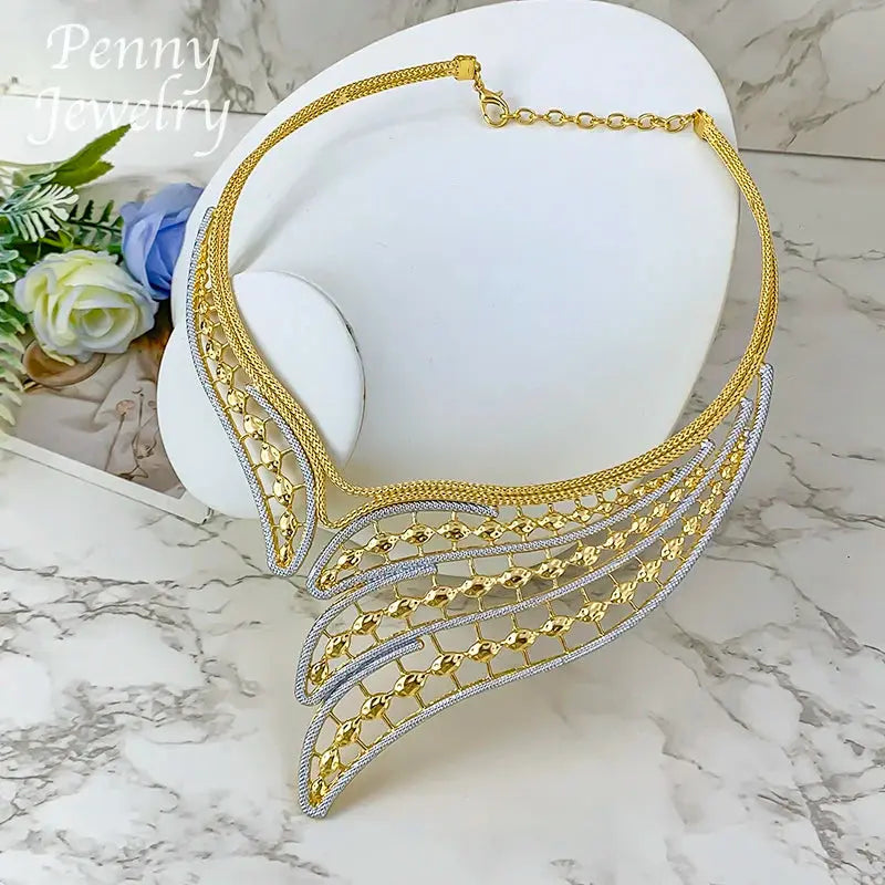 Geometric Two Tones Collar 4Pcs Jewelry Set for Women Chunky Necklace Drop Earrings Bracelet Ring Bridal Wedding Party Gifts Bantout.prod