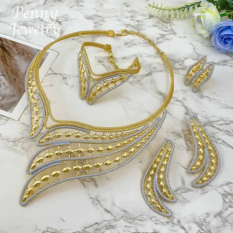 Geometric Two Tones Collar 4Pcs Jewelry Set for Women Chunky Necklace Drop Earrings Bracelet Ring Bridal Wedding Party Gifts Bantout.prod