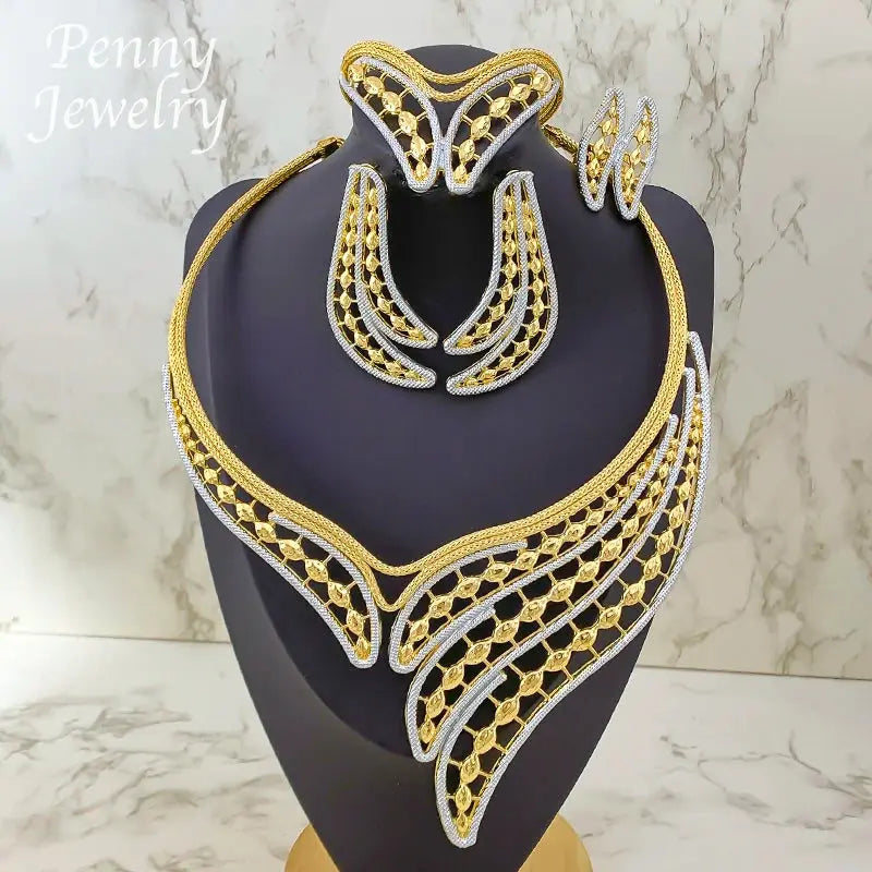 Geometric Two Tones Collar 4Pcs Jewelry Set for Women Chunky Necklace Drop Earrings Bracelet Ring Bridal Wedding Party Gifts Bantout.prod